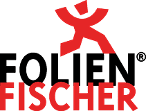 Logo Steinschlagschutzfolie Hamburg: Stilisiertes rotes Folienmännchen läuft über Firmenschriftzug FolienFischer